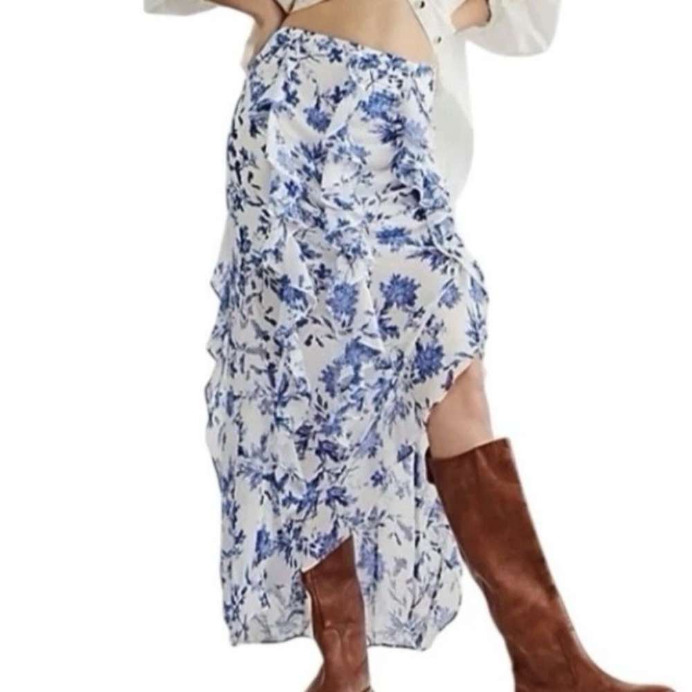 Free People Blue Floral Ruffle Midi Skirt Cottagecore NWT Size 0